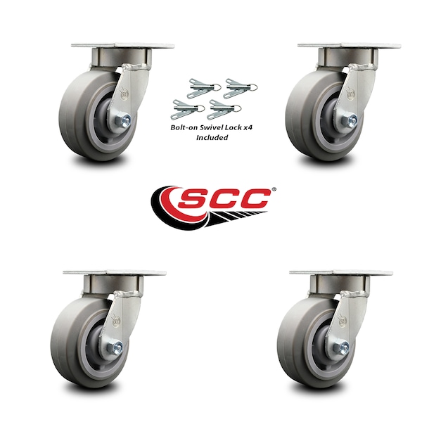 5 Inch Kingpinless Thermoplastic Rubber Wheel Swivel Caster Set with Swivel Lock